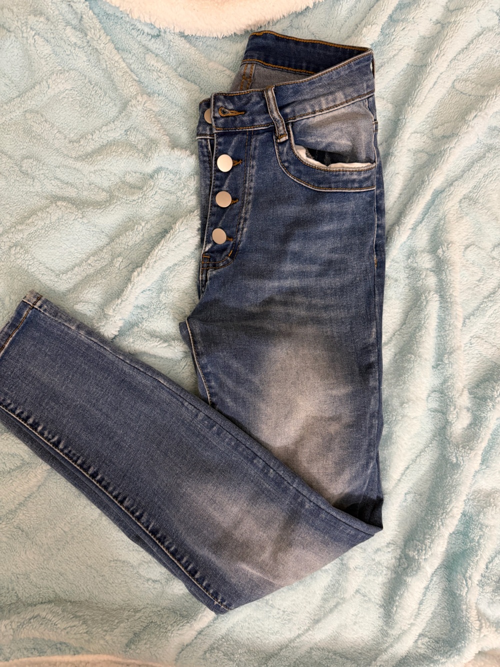 High-Rise Skinny Jeans in Medium Blue with Button Fly